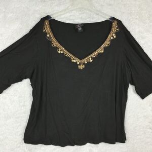 Studio Ey Womens Blouse Top Black‎ Beaded Gold V Neck Half Sleeve Plus 1X